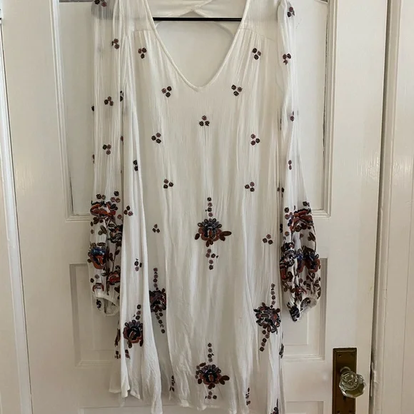 free people embroidered peasant dress Free People Wind Willow embroidered mini dress peasant smocked tassel cream